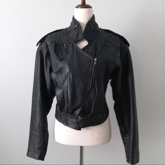 LAROXX Vintage Black Leather Cropped Moto Jacket - Picture 3 of 16
